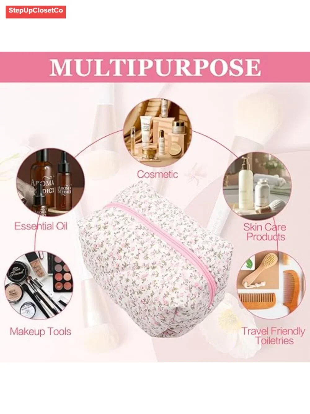 Quilted Cotton Floral Makeup Bag Pouch Toiletry Organizer Travel Storage Zipper